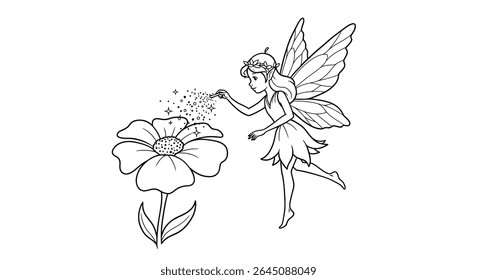 Sweet Fairy Sprinkling Magical Dust On Basic Flower Coloring Sheet Whimsical Fantasy Art For Young Colorists