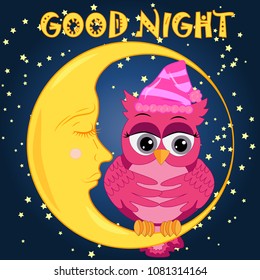 A sweet fairy-tale pink owl in a hat for dream dreams, sings a lullaby, lulls the sky, the moon and stars sitting on a sleeping sickle of the moon among a dark night sky and stars