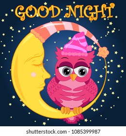 A sweet fairy-tale pink owl in a hat for dream dreams, sings a lullaby, lulls the sky, the moon and stars sitting on a sleeping sickle of the moon among a dark night sky and stars