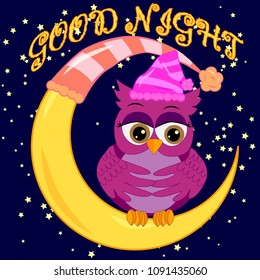 A sweet fairy-tale pink owl in a hat for dream dreams, sings a lullaby, lulls the sky, the moon and stars sitting on a sleeping sickle of the moon among a dark night sky and stars