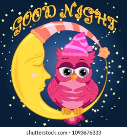 A sweet fairy-tale pink owl in a hat for dream dreams, sings a lullaby, lulls the sky, the moon and stars sitting on a sleeping sickle of the moon among a dark night sky and stars