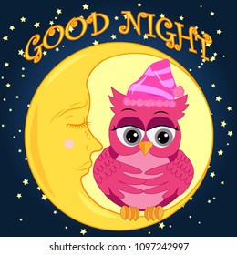 A sweet fairy-tale pink owl in a hat for dream dreams, sings a lullaby, lulls the sky, the moon and stars sitting on a sleeping sickle of the moon among a dark night sky and stars