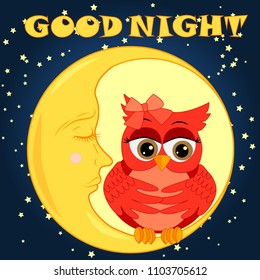 A sweet fairy-tale pink owl in a hat for dream dreams, sings a lullaby, lulls the sky, the moon and stars sitting on a sleeping sickle of the moon among a dark night sky and stars