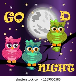 A sweet fairy-tale pink owl in a hat for dream dreams, sings a lullaby, lulls the sky, the moon and stars sitting on a sleeping sickle of the moon among a dark night sky and stars
