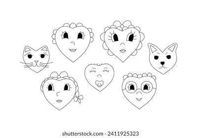 Sweet family of hearts, coloring set of hearts for Valentine's day.