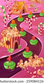 Sweet fantasy game level map with winding candy numbered markers on chocolate river path. Sugary landscape decorated with waffle house, popcorn building and caramel cane poles. Confectionery scene.