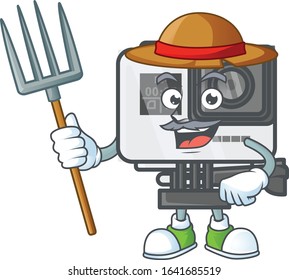 sweet Farmer action camera cartoon mascot with hat and tools
