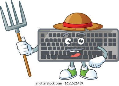 sweet Farmer black keyboard cartoon mascot with hat and tools