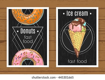 sweet fast food: donut and ice cream in waffle cone posters; hand drawn vector illustration in sketch style; unhealthy meal dessert template for postcards, flyers, elements for restaurant, cafe menu