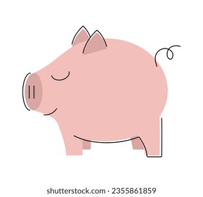 Sweet fat Pig. Domestic Animal, livestock. Piglet heel. Smiling Boar. Children character. Pink silhouette with outline. Farm. isolated object. Vector illustration.