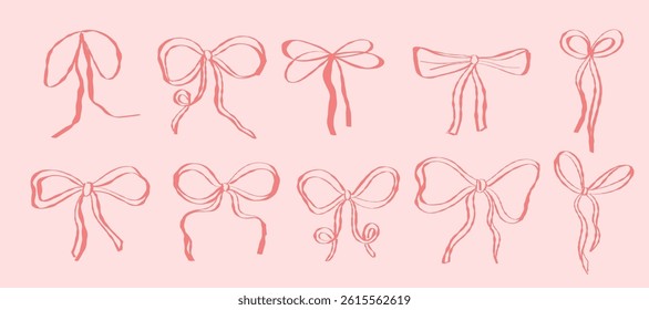 Sweet and feminine set of hand drawn red bows on a pink background vector illustration. Girly themes, gift wrapping, romantic cards or fashion design elements