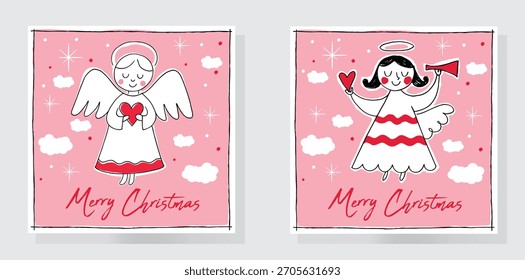 Una ilustración dulce y festiva con dos encantadores ángeles de Navidad sobre un fondo rosa para tarjetas de felicitación, carteles, invitaciones, Anuncios, volantes o diseños festivos.