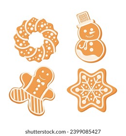 Sweet festive xmas gingerbread donut, snowman, snowflake and ginger-man vector illustration