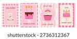 Sweet first birthday card collection for girls with cute bunny, rainbow cupcake, tiered cake with candles. Modern retro flat vector minimalist illustration set for nursery decor, party invites, poster