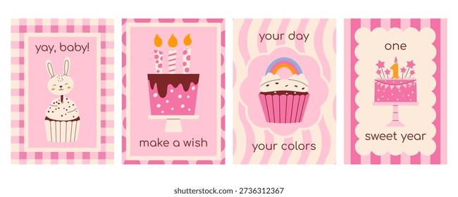 Sweet first birthday card collection for girls with cute bunny, rainbow cupcake, tiered cake with candles. Modern retro flat vector minimalist illustration set for nursery decor, party invites, poster