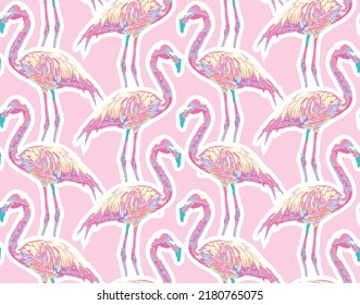 Sweet Flamingo illustration Vector Seamless Pattern On Pink Background Color, Animal Flamingo Pastel Color Wallpaper  