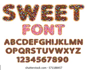 sweet flat vector rounded font alphabet and numeral signs with bakery sprinkles topping stars, dots and lines