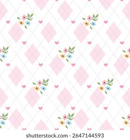 Sweet Floral Argyle with Hearts Seamless pattern. The soft pastel colors and playful layout make it perfect for girly textiles, nursery prints, baby shower decorations, scrapbooking, wrapping paper, o
