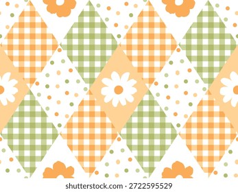 Dulce Argyle Floral sin patrón. Los colores pastel suaves y el diseño juguetón lo hacen perfecto para textiles femeninos, estampados de vivero, decoraciones de baby shower, scrapbooking, papel de regalo, naranja, verde, margarita