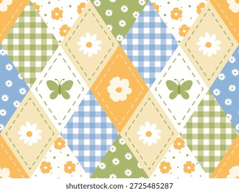 Doce Floral Argyle Padrão sem emenda. As cores pastel macio e layout lúdico torná-lo perfeito para tecidos femininos, impressões de berçário, decorações de chuveiro de bebê, scrapbooking, papel de embalagem, laranja, verde, azul, margarida