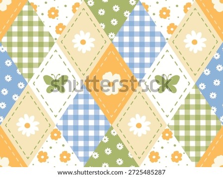 Sweet Floral Argyle Seamless pattern. The soft pastel colors and playful layout make it perfect for girly textiles, nursery prints, baby shower decorations, scrapbooking, wrapping paper, orange, green, blue, daisy