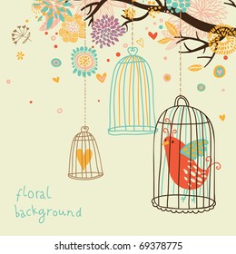 Sweet floral background with bird cage