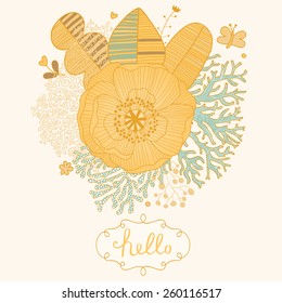 Sweet floral background made of leafs, corals, poppy flower and butterflies in stylish cartoon style with textbox