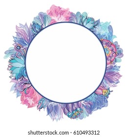 Sweet Floral Frame Vector | Circle romantic wreath with sketch doodle and transparent glowing lotus, lily and peony flowers