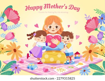 Sweet floral mother's day illustration  Children hugging their mom pale yellow background and flowers decoration 