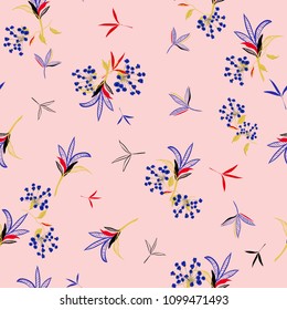 Sweet  Floral pattern in the many kind of flowers. Tropical botanical in line hand drawing, Seamless vector texture for fashion fabric on pink background.