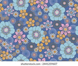 Sweet Floral seamless groovy pattern in retro style. Vintage  moodd ,Hand drawn pastel blossom Vector illustration , Design for fashion , fabric, textile, wallpaper , wrapping and all prints 