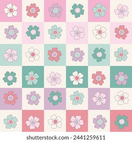 Sweet Floral seamless groovy pattern in retro style. Vintage  moodd ,Hand drawn pastel blossom Vector illustration , Design for fashion , fabric, textile, wallpaper , wrapping and all prints 