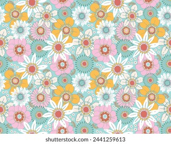 Sweet Floral seamless groovy pattern in retro style. Vintage  moodd ,Hand drawn pastel blossom Vector illustration , Design for fashion , fabric, textile, wallpaper , wrapping and all prints 