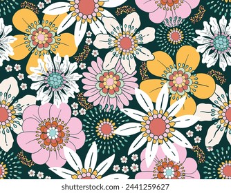 Sweet Floral seamless groovy pattern in retro style. Vintage  moodd ,Hand drawn pastel blossom Vector illustration , Design for fashion , fabric, textile, wallpaper , wrapping and all prints 