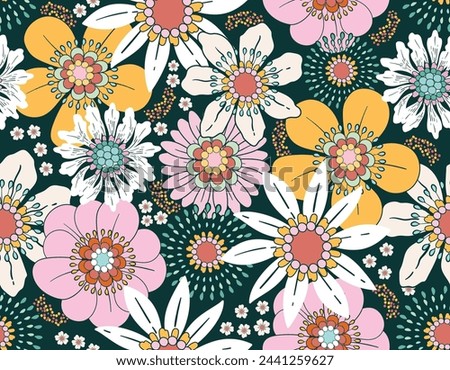 Sweet Floral seamless groovy pattern in retro style. Vintage  moodd ,Hand drawn pastel blossom Vector illustration , Design for fashion , fabric, textile, wallpaper , wrapping and all prints 