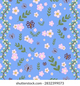 Sweet floral seamless pattern with cute pink flowers, green leaves, vine borders, and butterflies on light blue background vector.