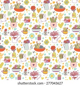 Sweet floral seamless pattern made of different house plants in bright colors. Lovely natural background in vector