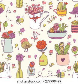 Sweet floral seamless pattern made of different house plants in bright colors. Lovely natural background made of house flowers in pots and birds, bees with rabbits in vector