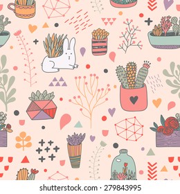 Sweet floral seamless pattern made of different house plants and cute rabbit in pink colors. Lovely natural background in vector