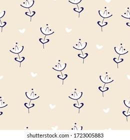 Sweet floral seamless pattern. Summer or spring background. Wild flowers and hearts. Tulips print for textile, fabric, wrapping, wallpaper