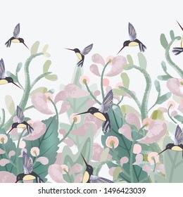 Sweet flower with green leaf and hummingbird in the forest pattern,illustration vector doodle comic art.