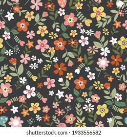 Sweet flower on black background seamless pattern.