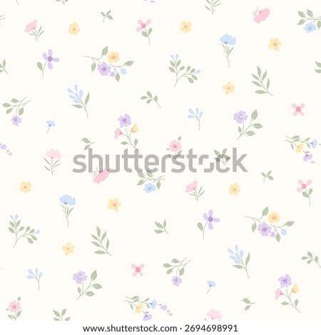 Sweet flower pattern, ditsy floral seamless pattern. Hand draw flower background. Small pastel. Cute tiny meadow print. cottagecore style, wildflower for fashion, fabric, textile, wallpaper, kid