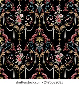 sweet flower Vintage Baroque style combined with Louis patterns. On a black background, seamless for digital printing, textiles, wallpapers.