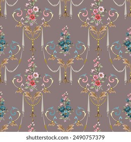 sweet flower Vintage Baroque style combined with Louis patterns. On a seamless gray background. For digital printing, textiles, wallpapers