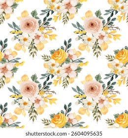 Sweet flower watercolor seamless pattern on white background. Watercolor seamless pattern for beauty products or other.
