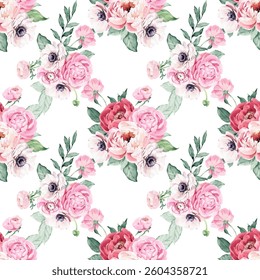 Sweet flower watercolor seamless pattern on white background. Watercolor seamless pattern for beauty products or other.