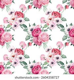 Sweet flower watercolor seamless pattern on white background. Watercolor seamless pattern for beauty products or other.