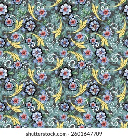 Sweet flowers, blue, grey, mixed with beautiful Louis pattern, gold, luxury, vintage style, seamless hand drawn on greybackground. Designed for fabric, fashion, textile, wallpaper, 