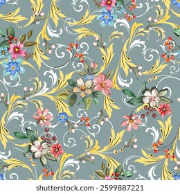 Sweet flowers, blue, pink mixed with beautiful Louis pattern, gold, luxury, vintage style, seamless hand drawn on gray-blue background designed for fabric, fashion, textile, wallpaper, gift wrapping.